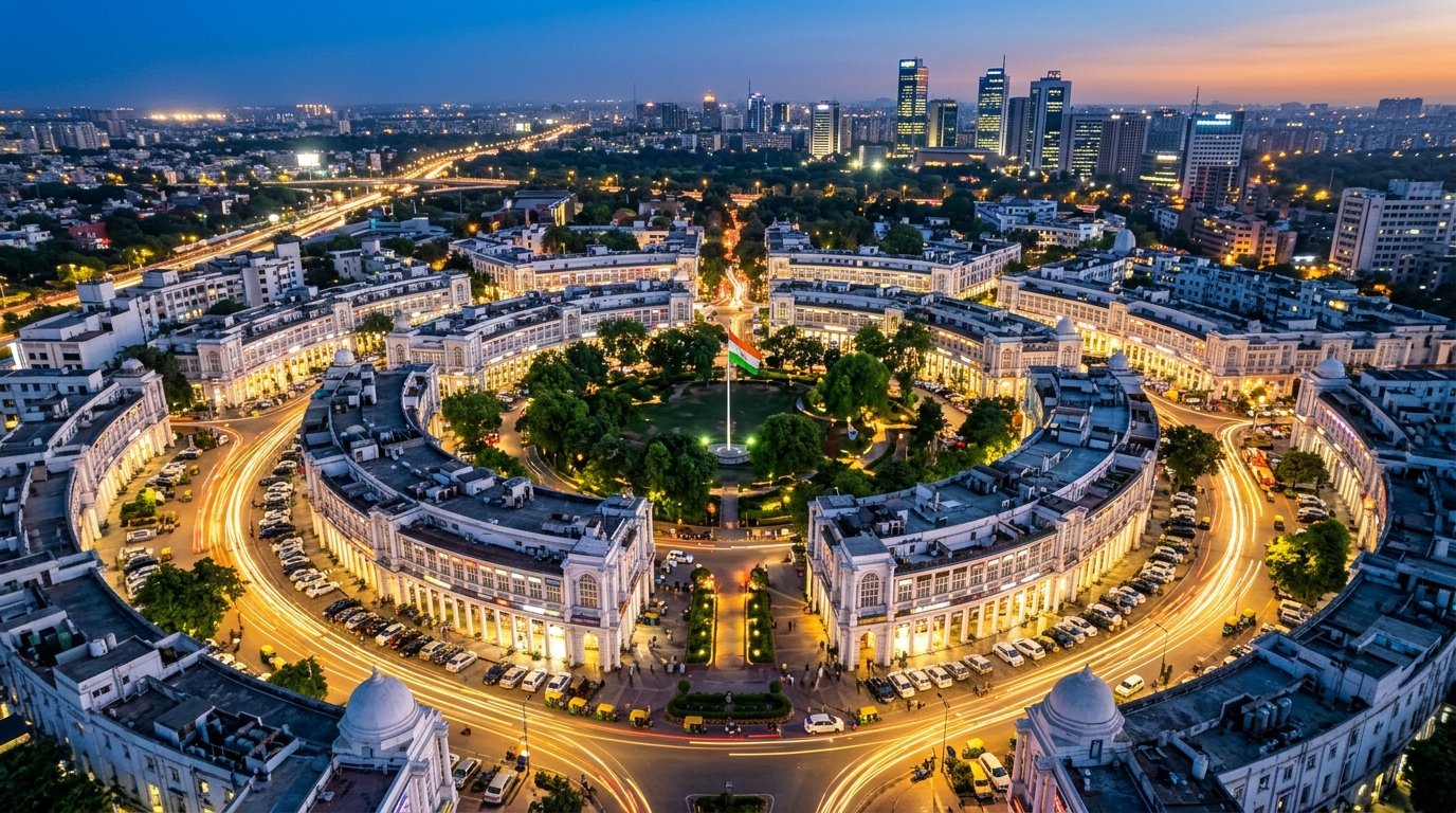 Aerial panoramic view of Connaught Place New Delhi with glowing radial roads and illuminated commercial heritage colonnade