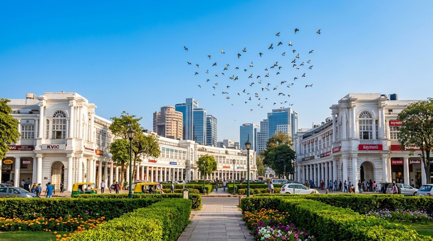 Bright morning view of Connaught Place colonnaded commercial buildings with central park and clear blue sky